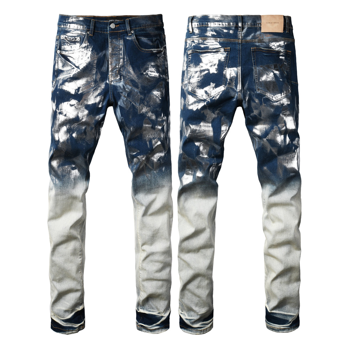 Men’s Blue Denim Jeans Slim Fit Graffiti Style Silver Painted Pants 9134