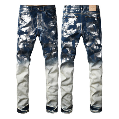 Men’s Blue Denim Jeans Slim Fit Graffiti Style Silver Painted Pants 9134