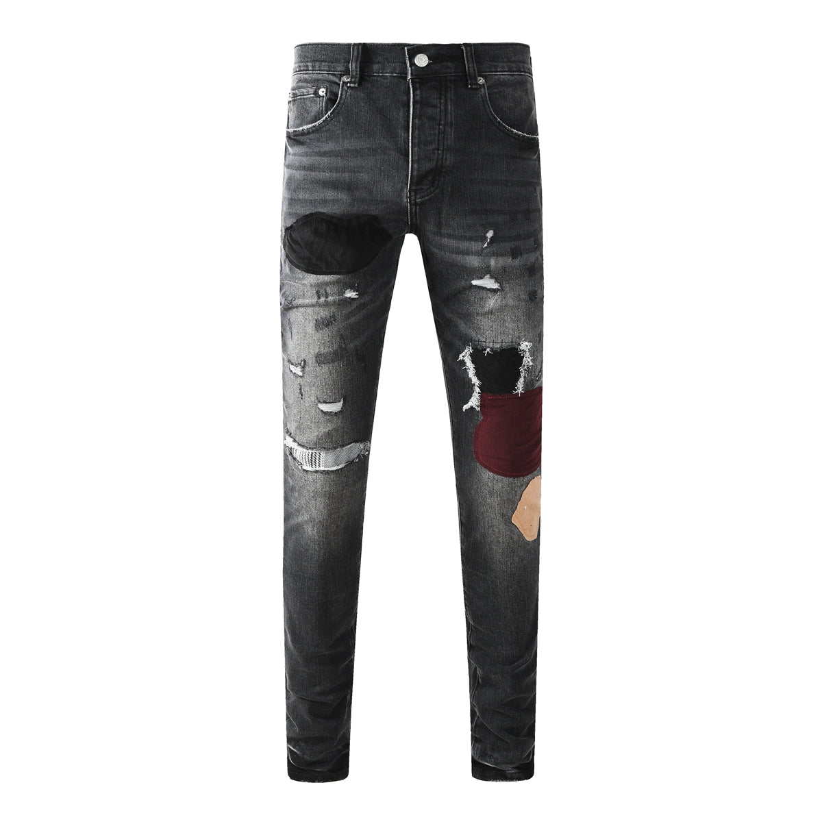 Vintage Distressed Black Denim Jeans Men Slim Fit Patchwork Stylish Pants 9135