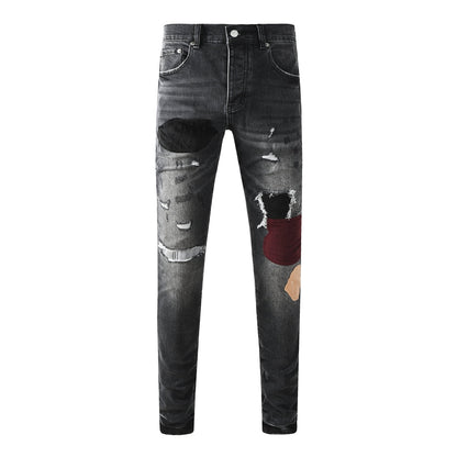 Vintage Distressed Black Denim Jeans Men Slim Fit Patchwork Stylish Pants 9135