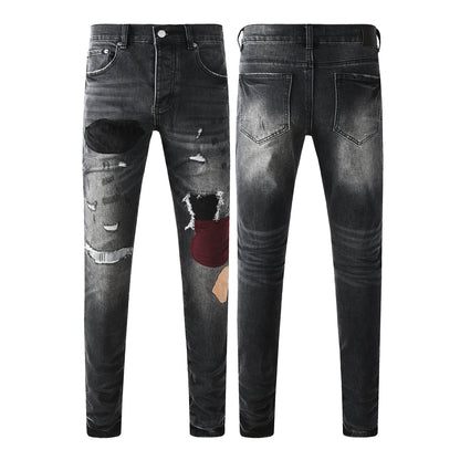 Vintage Distressed Black Denim Jeans Men Slim Fit Patchwork Stylish Pants 9135
