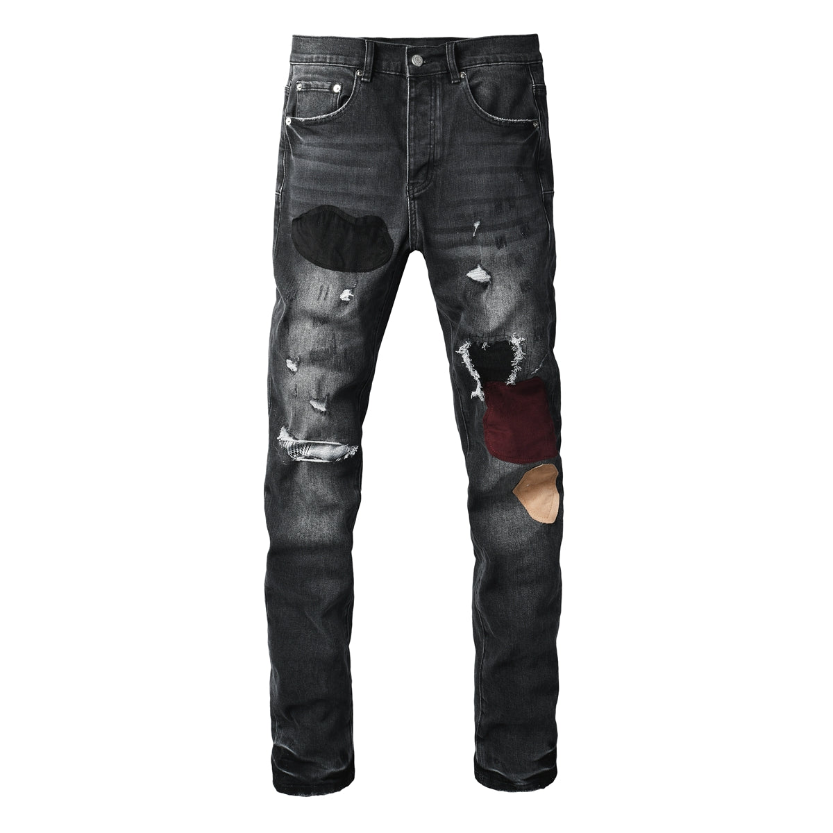 Vintage Distressed Black Denim Jeans Men Slim Fit Patchwork Stylish Pants 9135