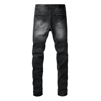 Vintage Distressed Black Denim Jeans Men Slim Fit Patchwork Stylish Pants 9135