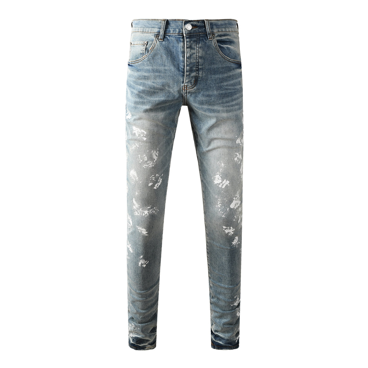 Slim Fit Light Blue Jeans Men Trendy Denim Pants with Paint Splatter Design 9136