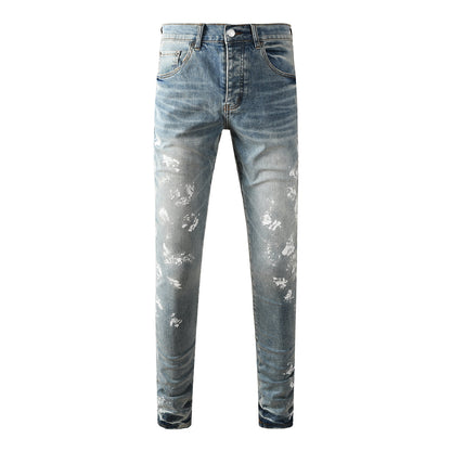 Slim Fit Light Blue Jeans Men Trendy Denim Pants with Paint Splatter Design 9136