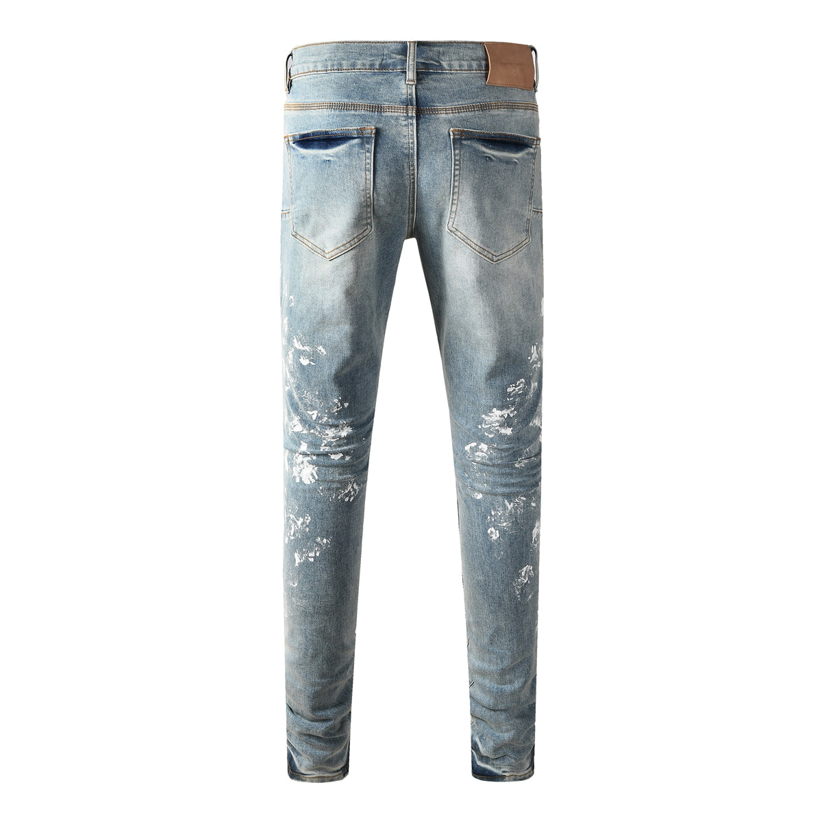 Slim Fit Light Blue Jeans Men Trendy Denim Pants with Paint Splatter Design 9136