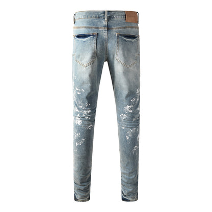 Slim Fit Light Blue Jeans Men Trendy Denim Pants with Paint Splatter Design 9136