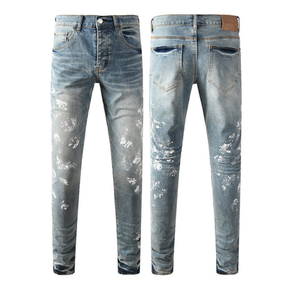 Slim Fit Light Blue Jeans Men Trendy Denim Pants with Paint Splatter Design 9136