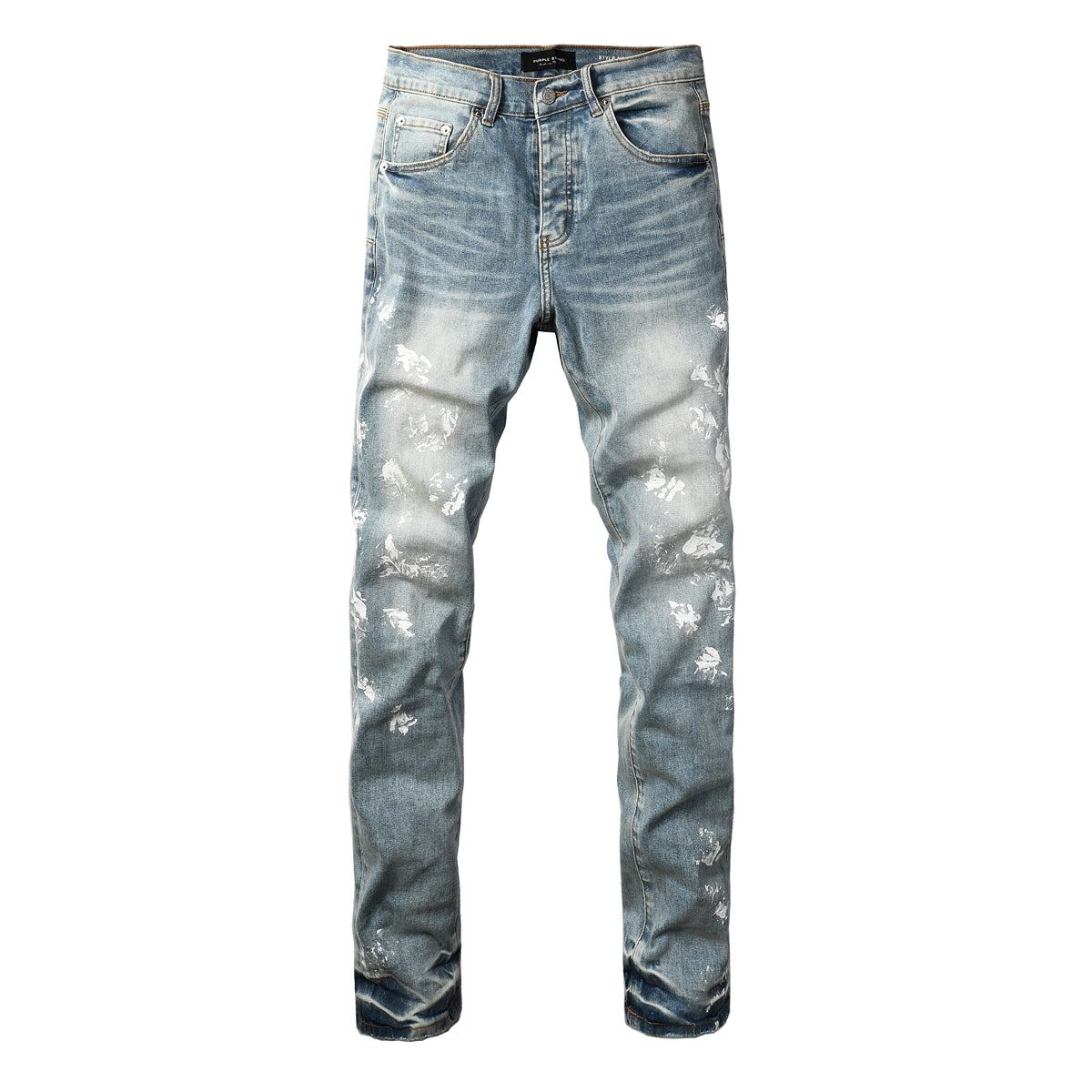 Slim Fit Light Blue Jeans Men Trendy Denim Pants with Paint Splatter Design 9136