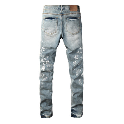 Slim Fit Light Blue Jeans Men Trendy Denim Pants with Paint Splatter Design 9136