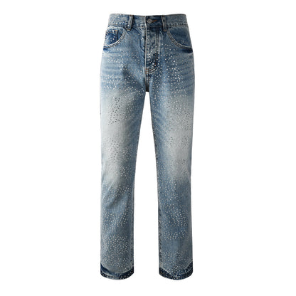 Rhinestone Decor Light Blue Denim Jeans Men Straight Leg Stylish Pants 9137