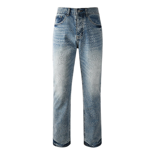 Rhinestone Decor Light Blue Denim Jeans Men Straight Leg Stylish Pants 9137