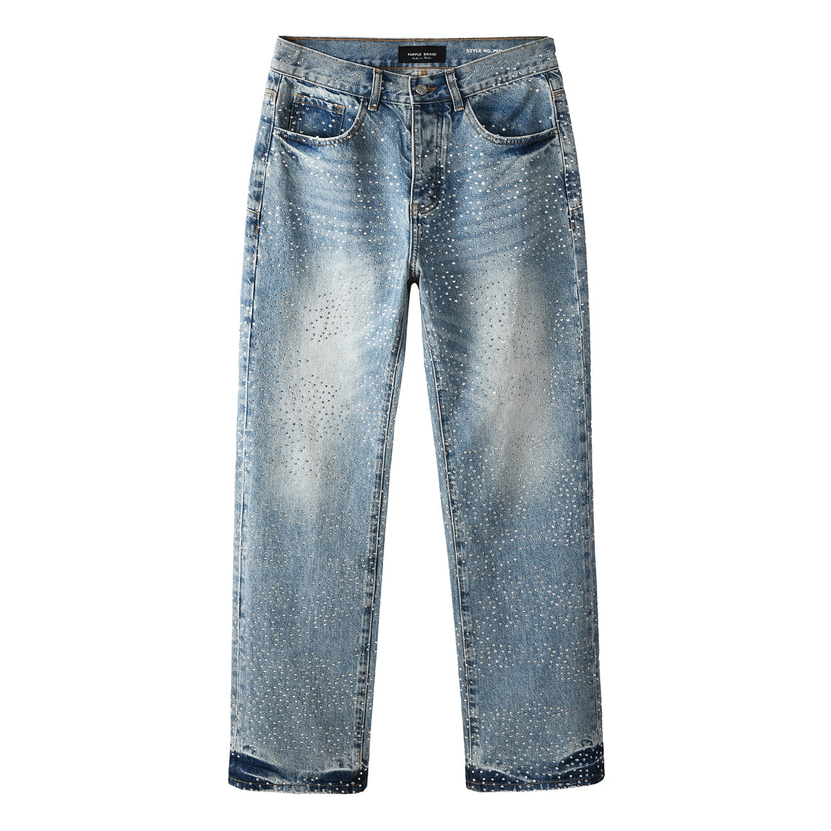Rhinestone Decor Light Blue Denim Jeans Men Straight Leg Stylish Pants 9137
