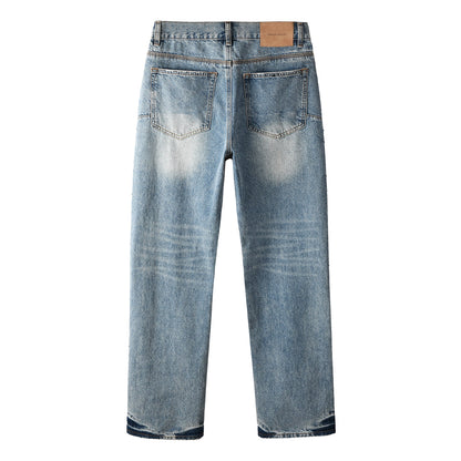 Rhinestone Decor Light Blue Denim Jeans Men Straight Leg Stylish Pants 9137