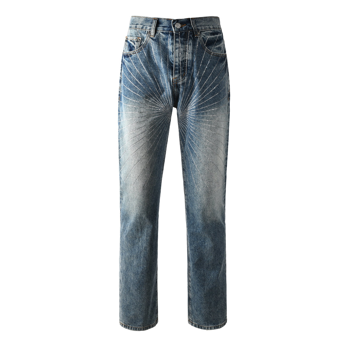 Stylish Blue Denim Jeans Men Straight Leg Pants with Sunburst Embroidery 9138