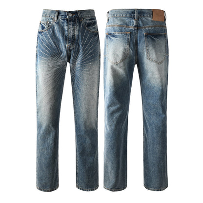 Stylish Blue Denim Jeans Men Straight Leg Pants with Sunburst Embroidery 9138