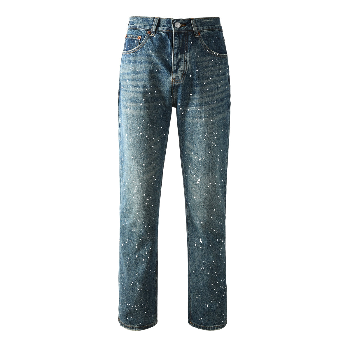 Casual Dark Blue Jeans Men Vintage Straight Denim Pants with Paint Detail 9139