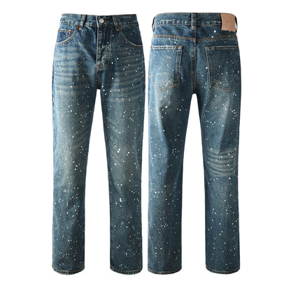 Casual Dark Blue Jeans Men Vintage Straight Denim Pants with Paint Detail 9139