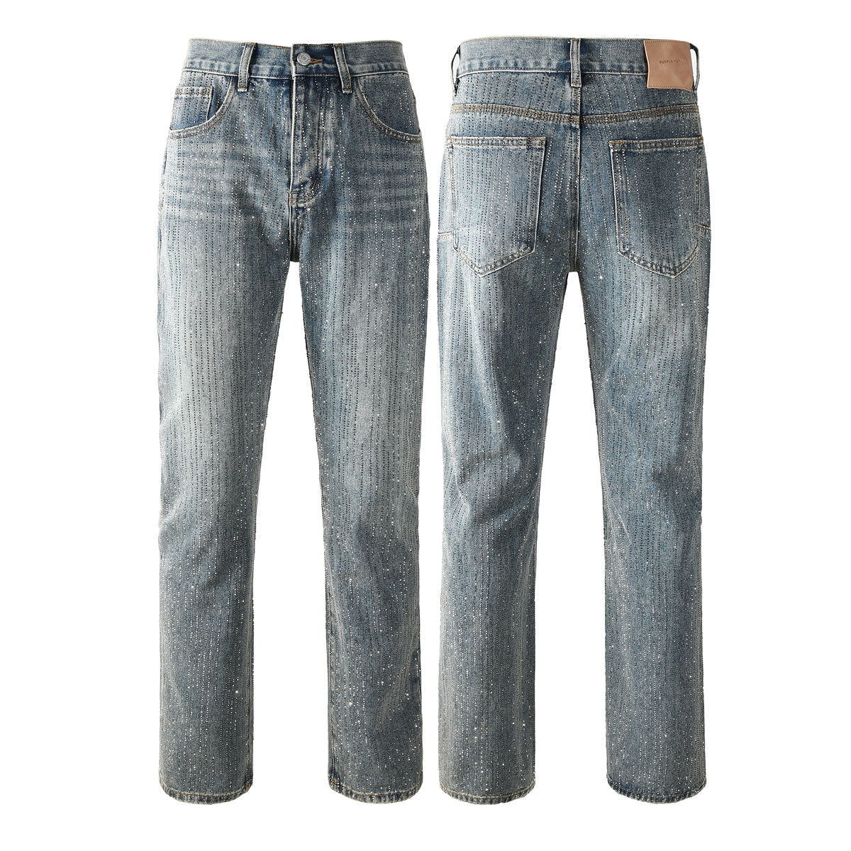 Chic Rhinestone Straight Leg Jeans – Classic High Waist Blue Denim 9140