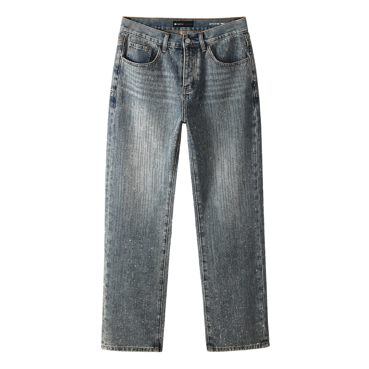 Chic Rhinestone Straight Leg Jeans – Classic High Waist Blue Denim 9140