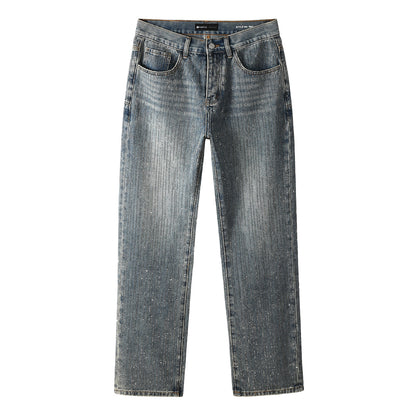 Chic Rhinestone Straight Leg Jeans – Classic High Waist Blue Denim 9140