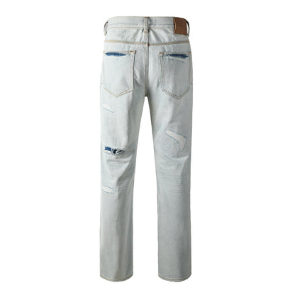 Trendy Distressed Denim Pants – Casual High Rise Light Blue Straight Jeans 9142