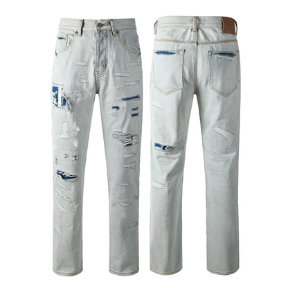 Trendy Distressed Denim Pants – Casual High Rise Light Blue Straight Jeans 9142