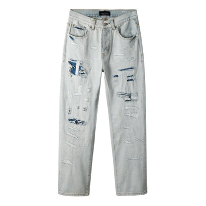 Trendy Distressed Denim Pants – Casual High Rise Light Blue Straight Jeans 9142