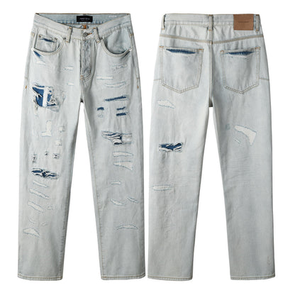 Trendy Distressed Denim Pants – Casual High Rise Light Blue Straight Jeans 9142