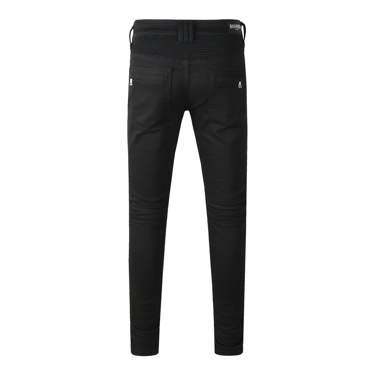 Tapered Fit Black Moto Jeans Featuring Articulated Knee Stitching and Sleek Contemporary Look 964