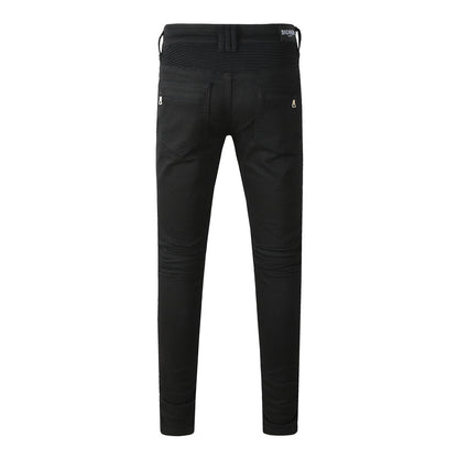 Tapered Fit Black Moto Jeans Featuring Articulated Knee Stitching and Sleek Contemporary Look 964