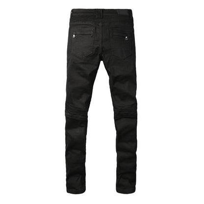 Tapered Fit Black Moto Jeans Featuring Articulated Knee Stitching and Sleek Contemporary Look 964