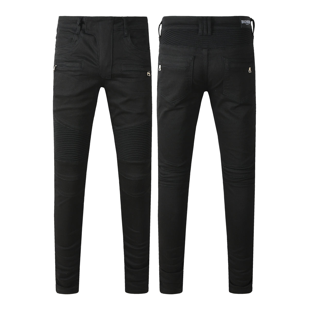 Tapered Fit Black Moto Jeans Featuring Articulated Knee Stitching and Sleek Contemporary Look 964