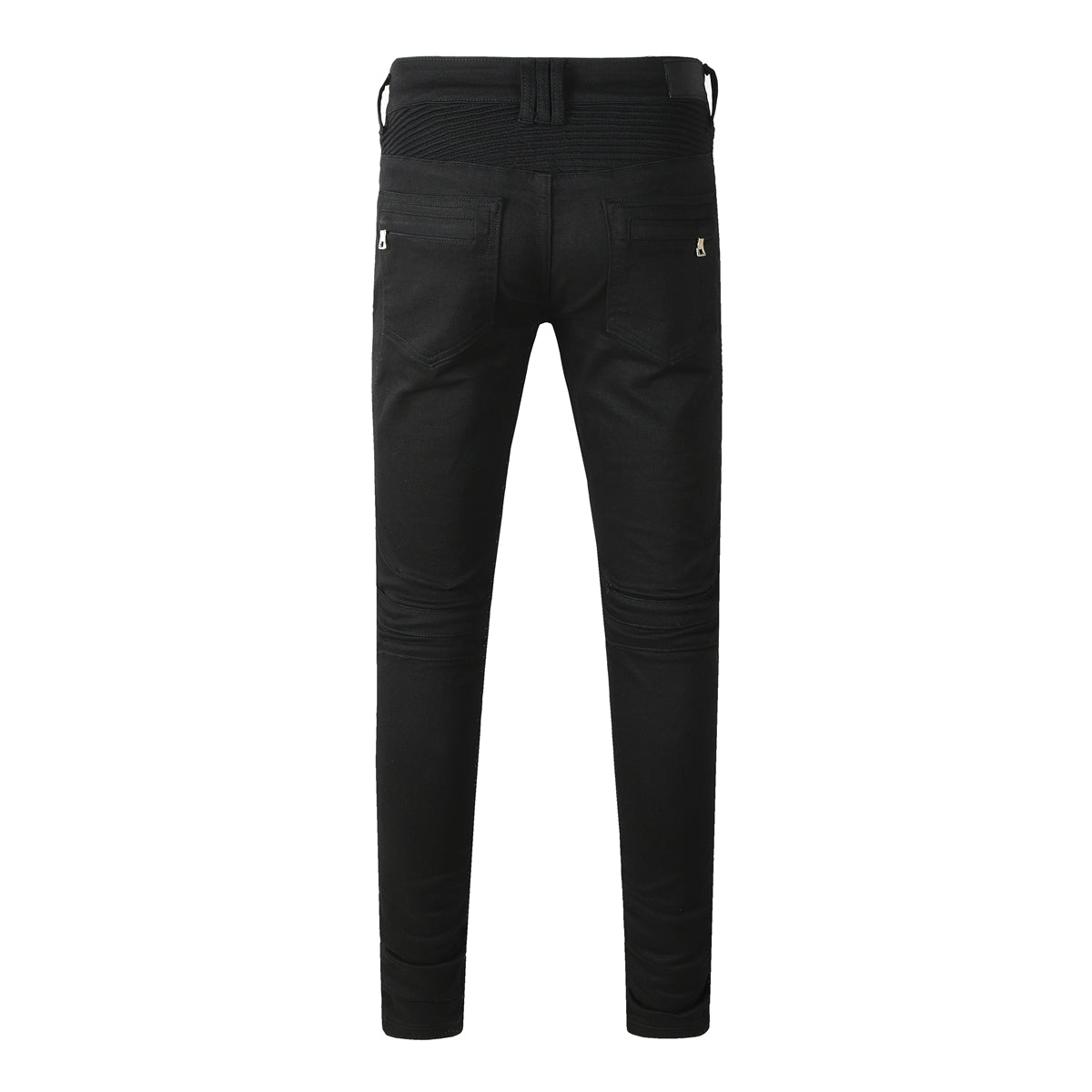 Tapered Fit Black Moto Jeans Featuring Articulated Knee Stitching and Sleek Contemporary Look 964