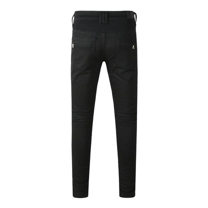 Tapered Fit Black Moto Jeans Featuring Articulated Knee Stitching and Sleek Contemporary Look 964