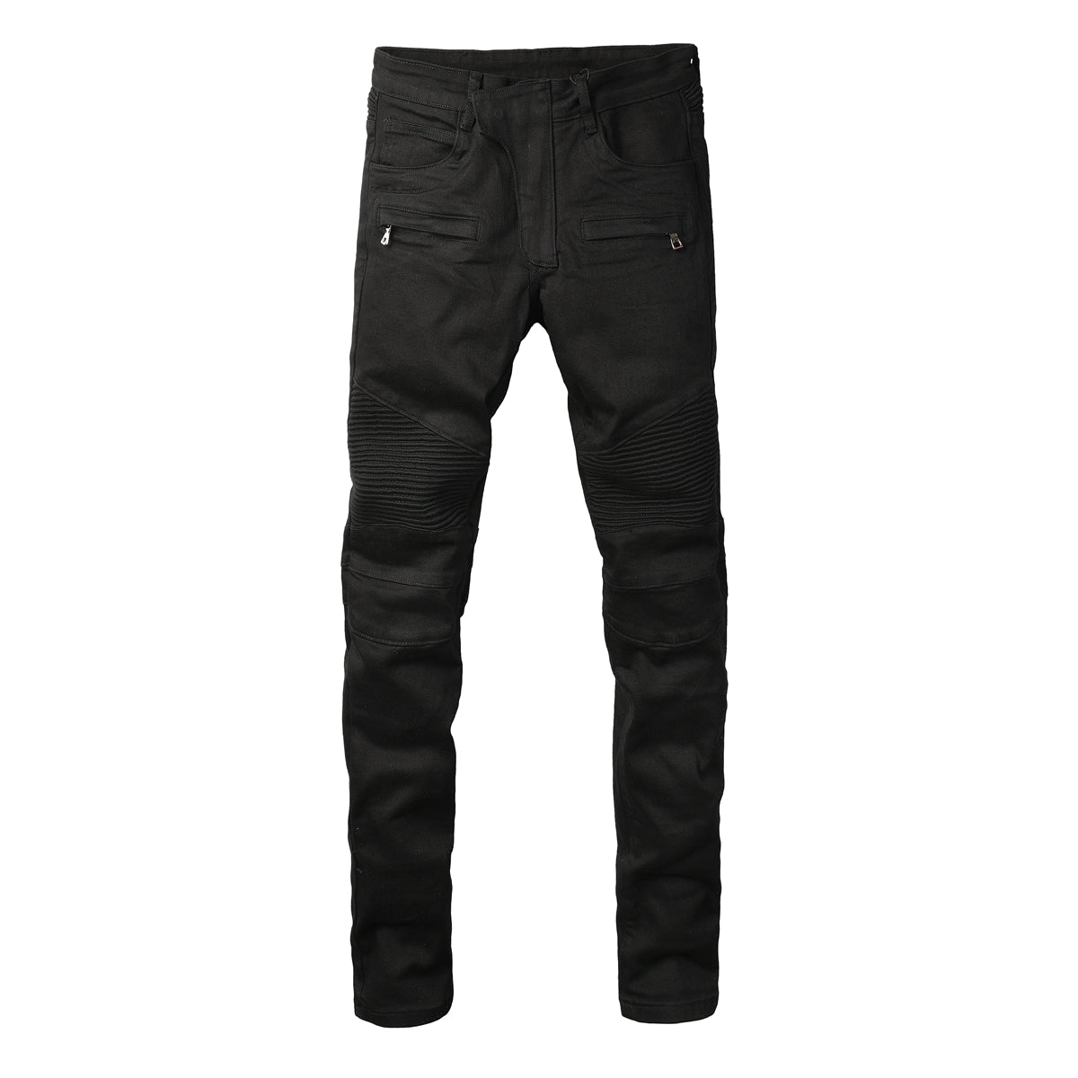 Tapered Fit Black Moto Jeans Featuring Articulated Knee Stitching and Sleek Contemporary Look 964