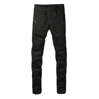 Tapered Fit Black Moto Jeans Featuring Articulated Knee Stitching and Sleek Contemporary Look 964