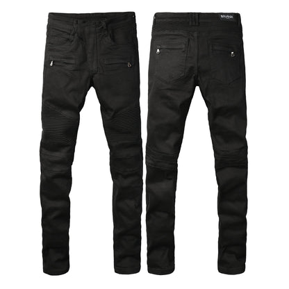 Tapered Fit Black Moto Jeans Featuring Articulated Knee Stitching and Sleek Contemporary Look 964