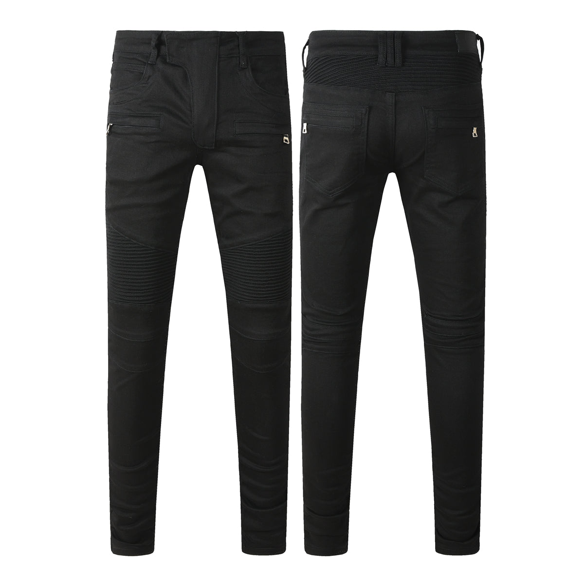 Tapered Fit Black Moto Jeans Featuring Articulated Knee Stitching and Sleek Contemporary Look 964