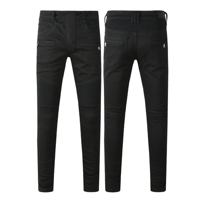 Tapered Fit Black Moto Jeans Featuring Articulated Knee Stitching and Sleek Contemporary Look 964