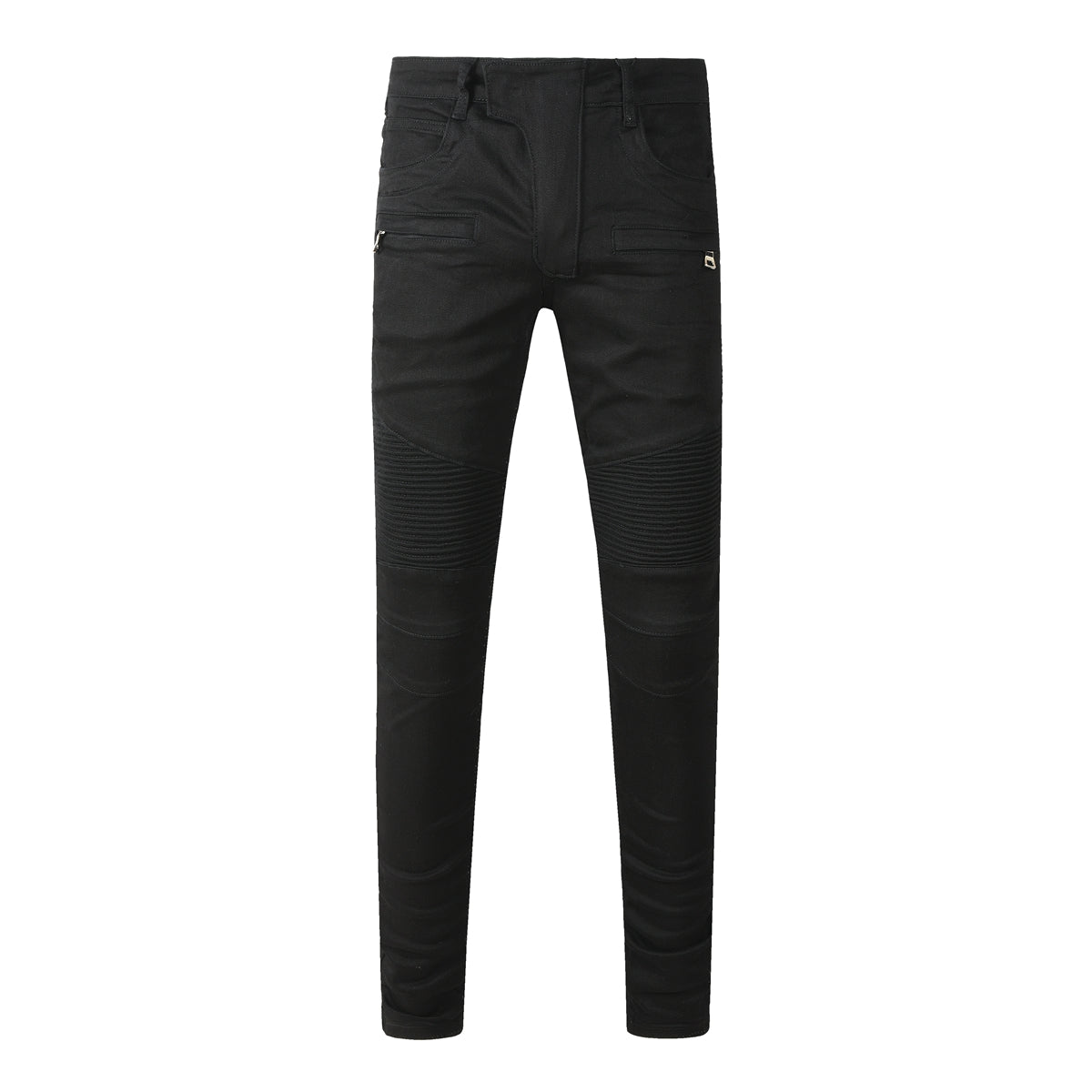 Tapered Fit Black Moto Jeans Featuring Articulated Knee Stitching and Sleek Contemporary Look 964