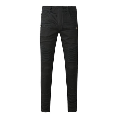 Tapered Fit Black Moto Jeans Featuring Articulated Knee Stitching and Sleek Contemporary Look 964