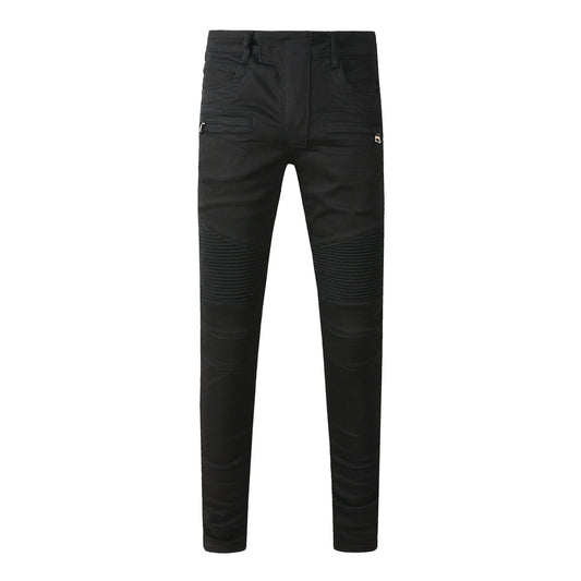 Tapered Fit Black Moto Jeans Featuring Articulated Knee Stitching and Sleek Contemporary Look 964