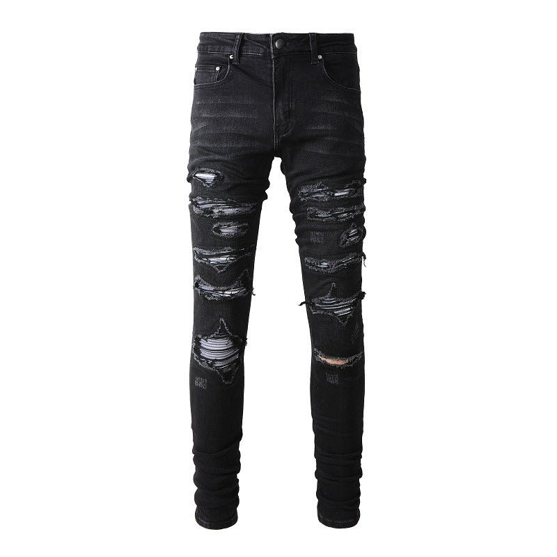Slim Fit Stretch Black Washed Jeans with Versatile Faux Leather Accents (891-8833)