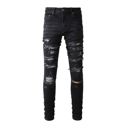 Slim Fit Stretch Black Washed Jeans with Versatile Faux Leather Accents (891-8833)