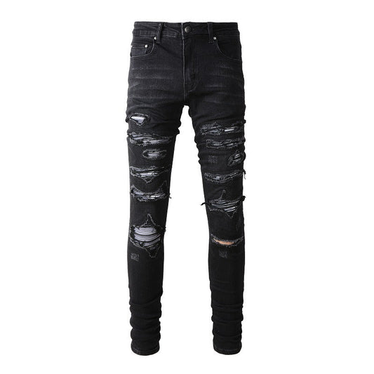 Slim Fit Stretch Black Washed Jeans with Versatile Faux Leather Accents (891-8833)
