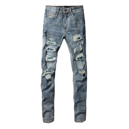 Fashionable Slim Fit Denim with a Washed Effect and Blue Rhinestone Embellishments 6566