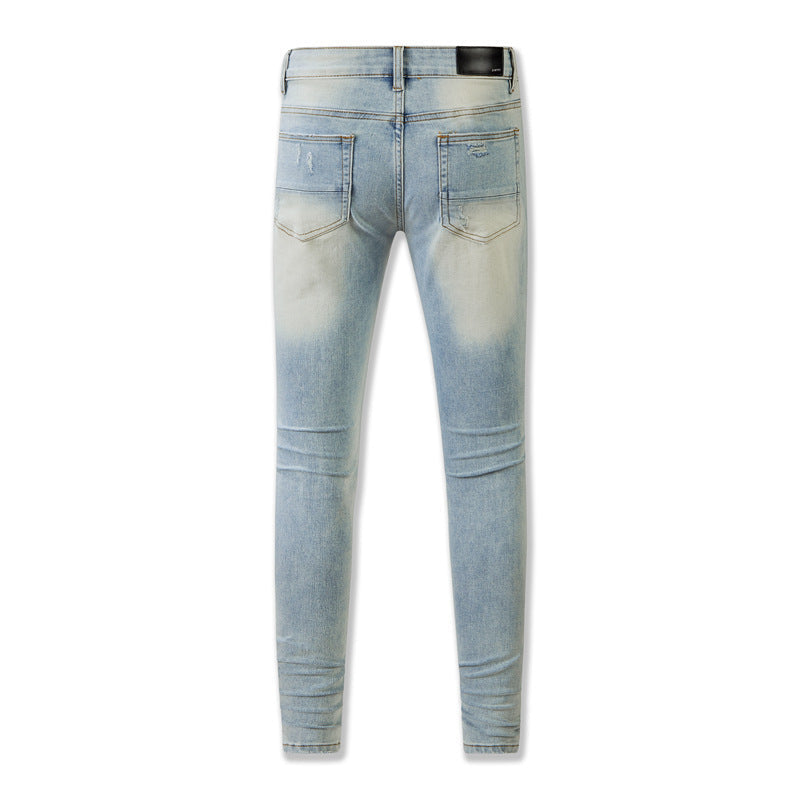 848 Blue Distressed Jeans with Muddy Yellow Wash and Faux Leather Patches for a Vintage Look