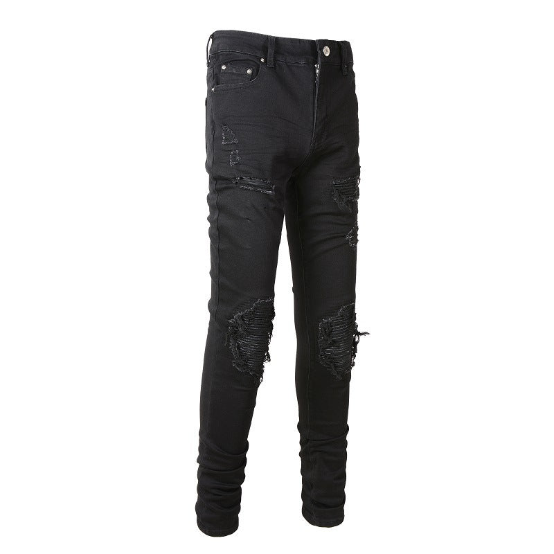 Men's Slim Fit Black Jeans with Wrinkled Details, Patches, and Ripped Design (602-8520)