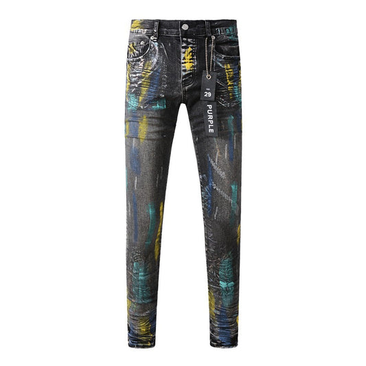Fashionable Black Jeans with Bold Colorful Paint and Graffiti Detailing 9078